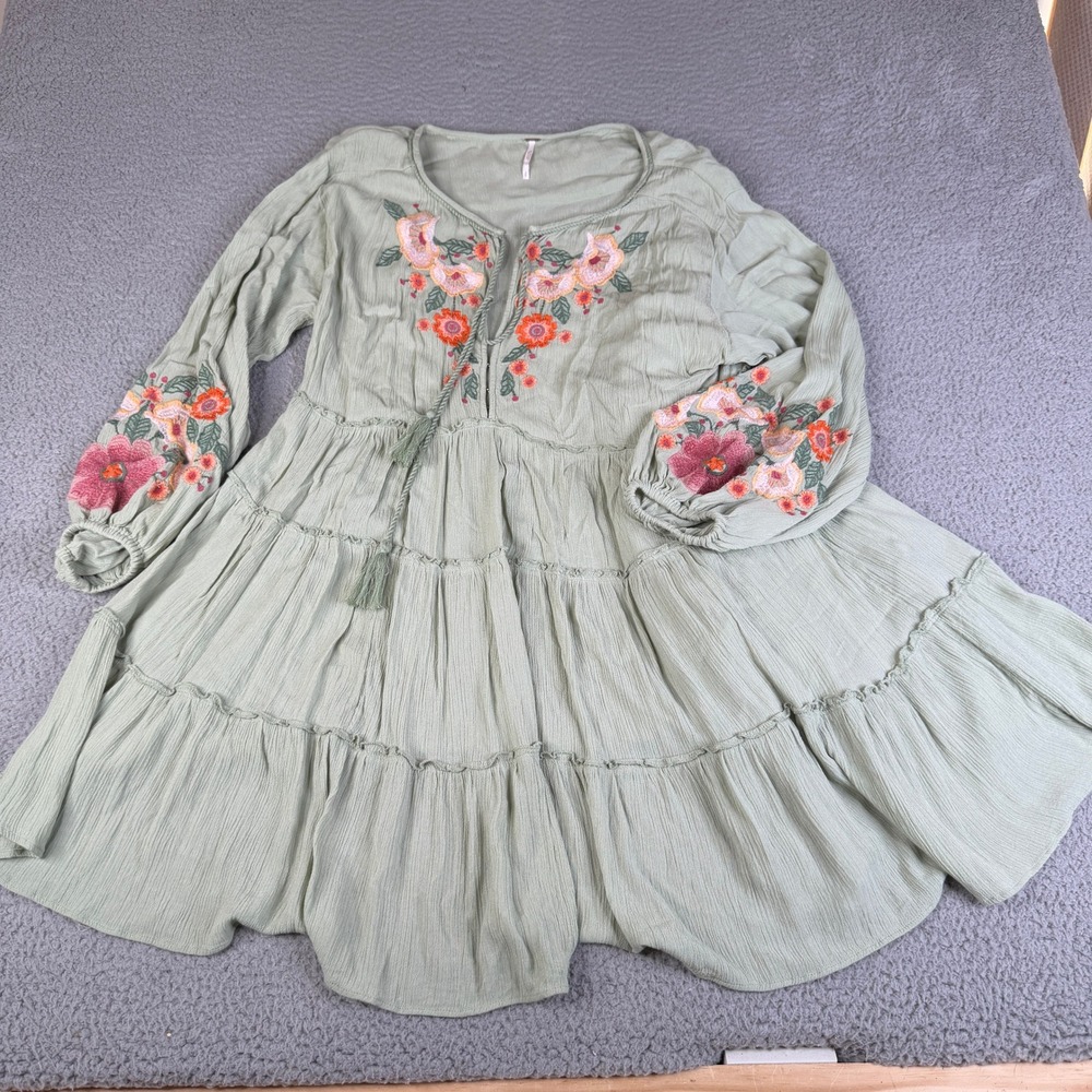 Free People Mini Dress Womens S Green Floral Embroidered Boho Tiered Smock